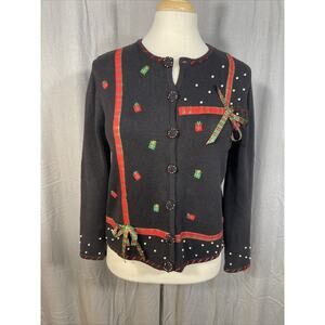 Studio Joy Christmas Cardigan Sweater Womens L Embroidered Presents Wreath Black